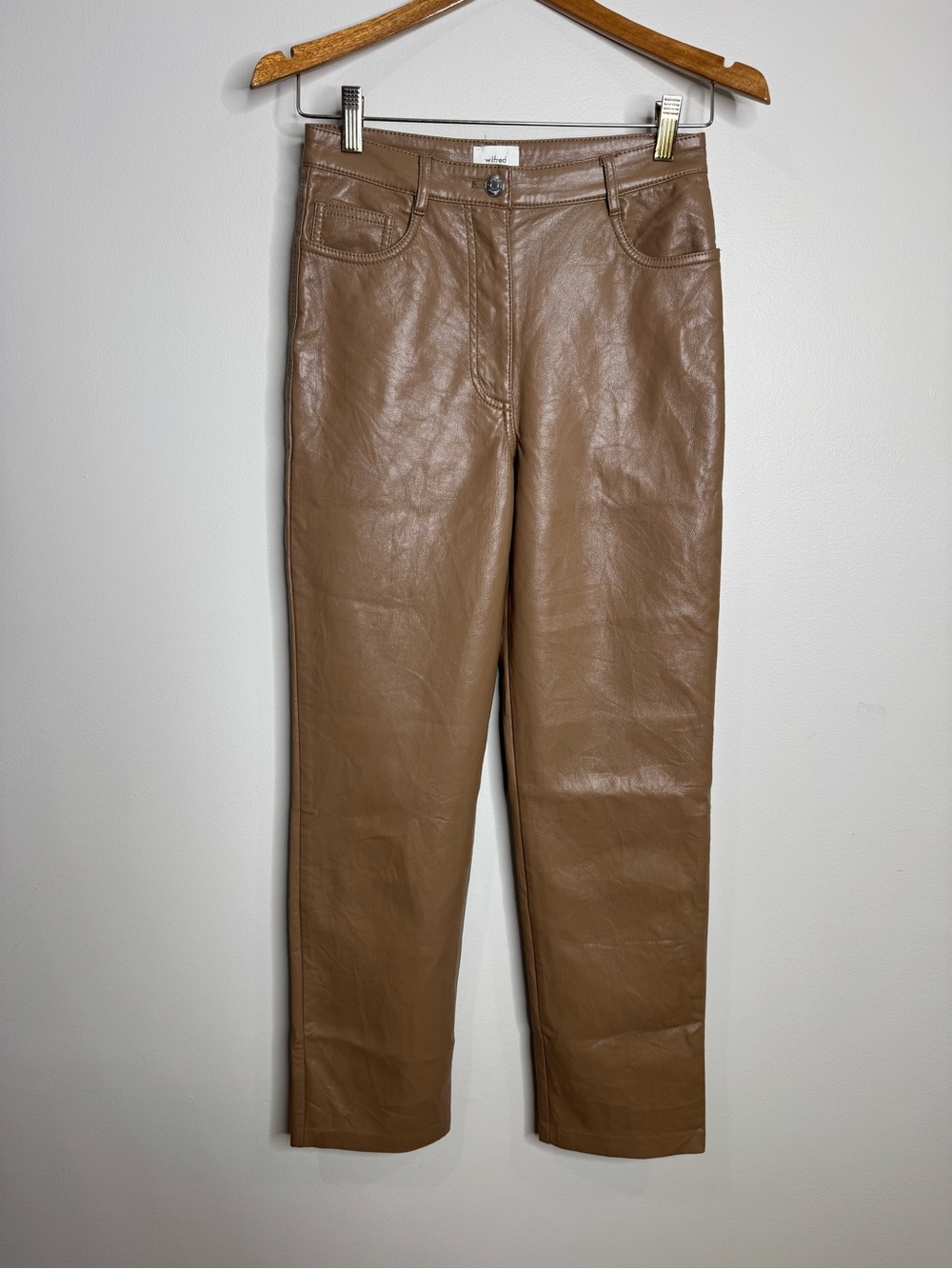 Aritzia Wilfred Faux Leather Caramel Brown Straight Leg High Rise Pants Size 4